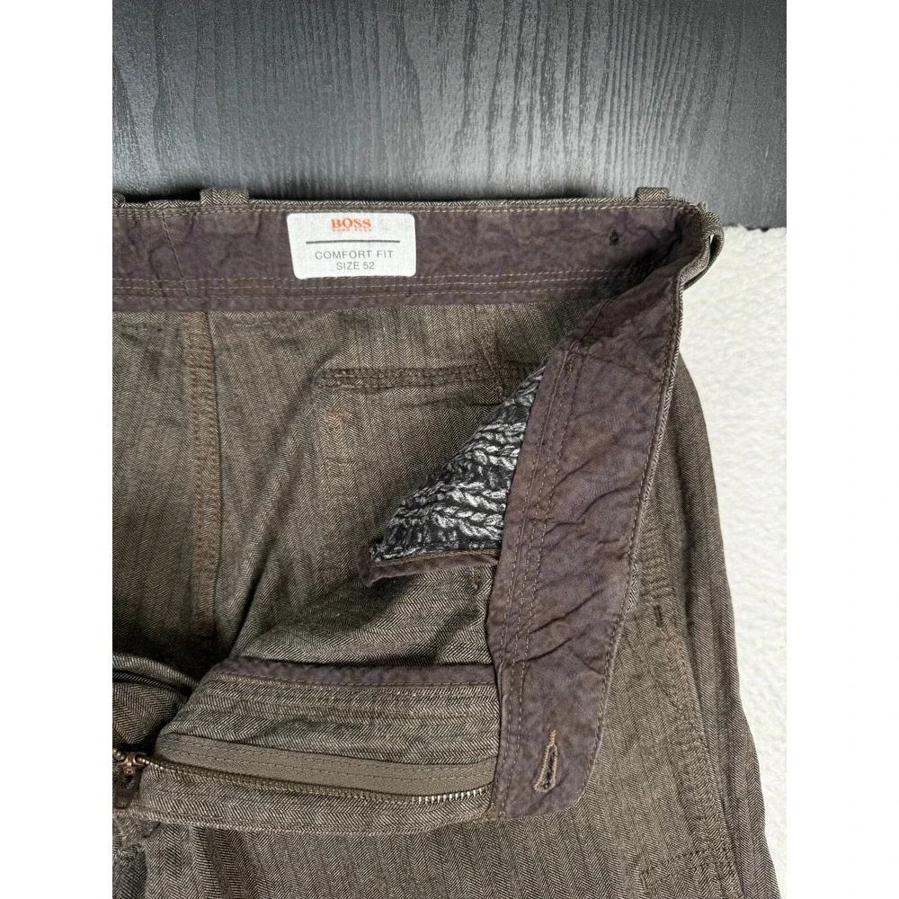 Hugo Boss Chino Pants Mens 52 Fits 34x32 Brown Herringbone Comfort Fit Golf